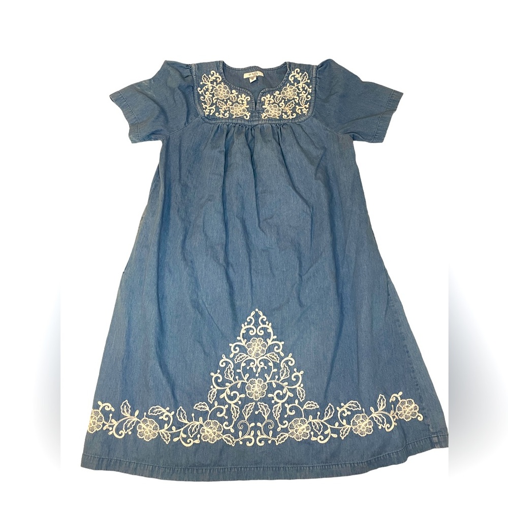 Go Softly Patio 100% cotton denim dress pockets white embroidery Small